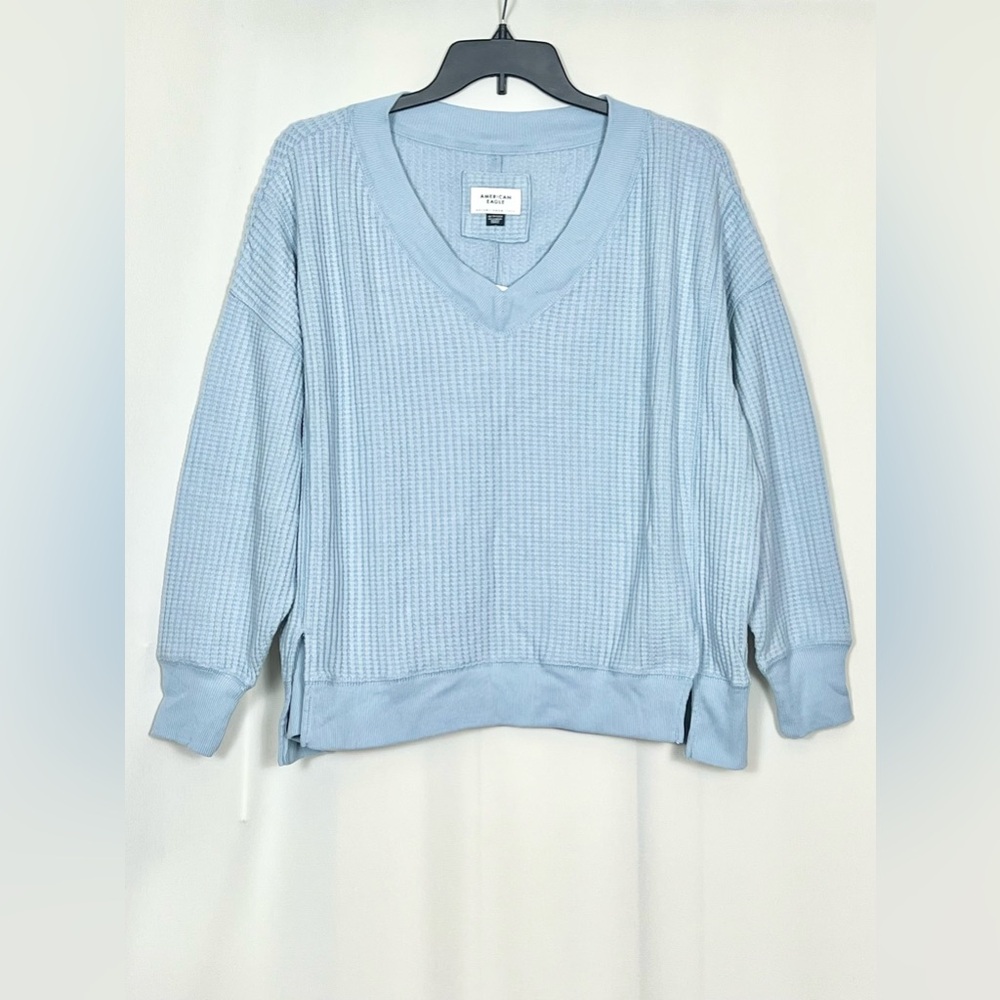 American Eagle Women’s Oversized Big Hug V-Neck Waffle Sweatshirt Blue L